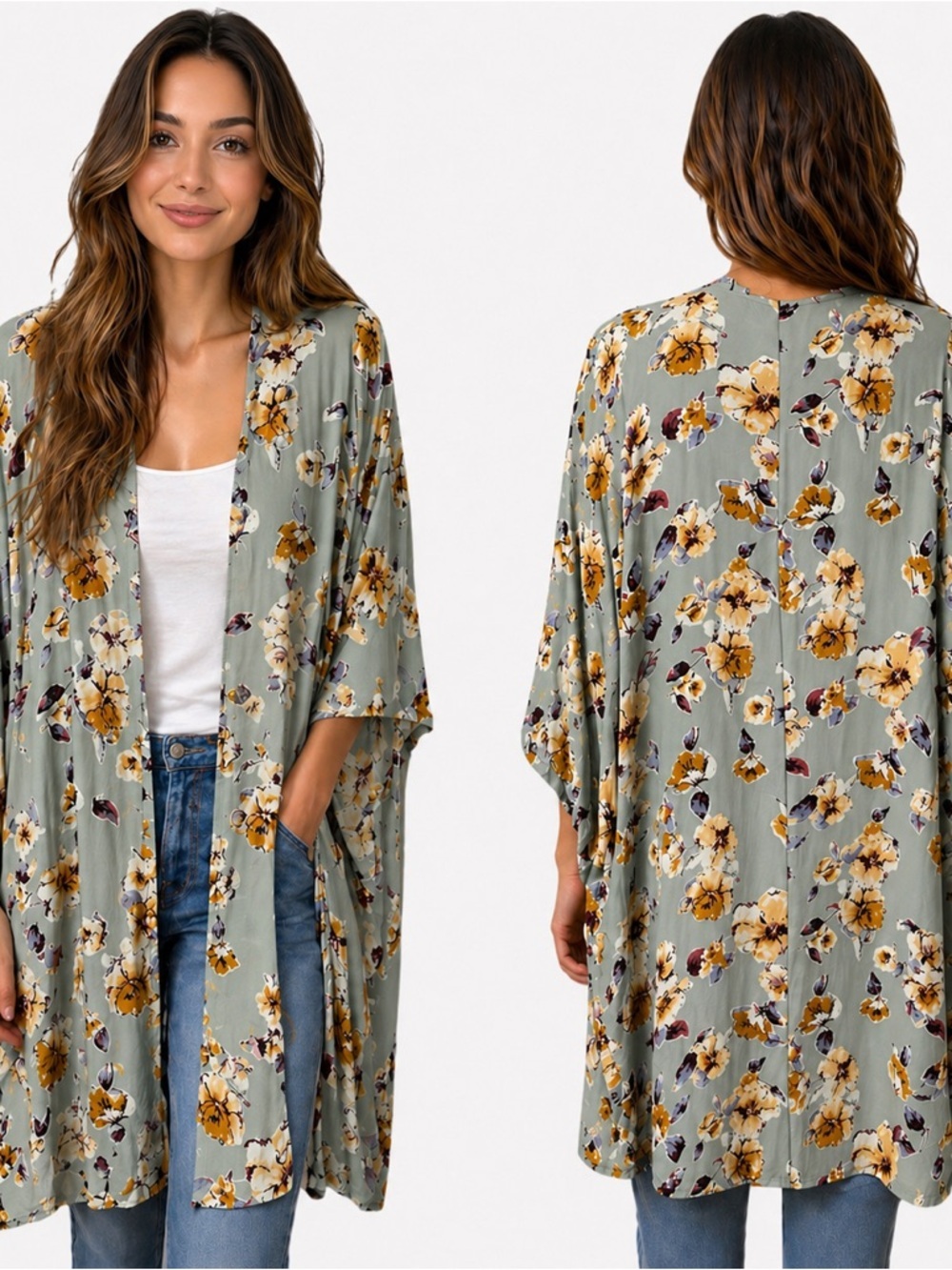 Andre by Unit Light Sage Floral Kimono Duster Open Cardigan Women’s Size Large